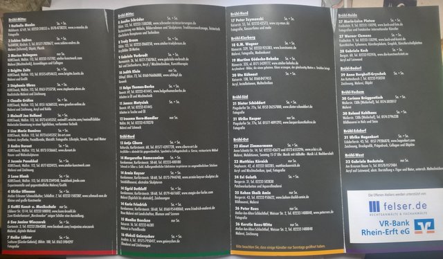 Zum 11.Mal in Folge öffnen Brühler Künstler am11.und 12.Mai wieder ihre Ateliers Die Besucher können die Arbeiten anschauen und mit den Künstler/innen sprechen.Zu sehen gibt es Malerei,Fotografie,Skulpturen uva.Die Öffnungszeiten kann man em Flyer entnehmen,erhältlich im Brühl Info und an allen öffentlichen Stellen in Brühl.Außerdem zu finden unter www.ateliers-in-bruehl.de Dort findet man auch die Teilnehmer mit Standort
Foto:Heike Löhrer