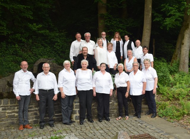 Sängerinnen und Sänger mit Dirigent Markus Wolters am Brunnen in Hoppengarten