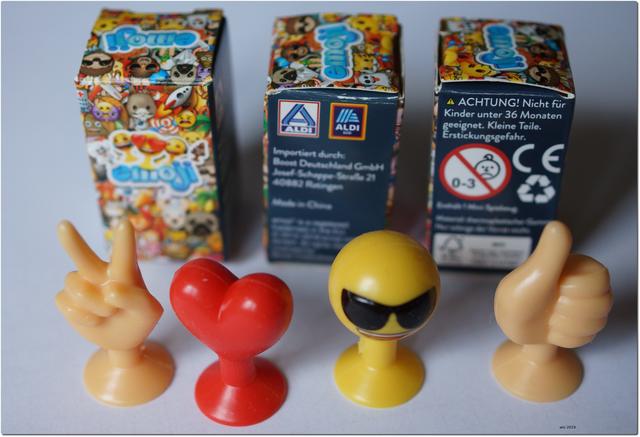 emoji Mini-Spielzeug von ALDI, für Kinder unter 36 Monate nicht geeignet. Material: thermoplastischer Gummi.