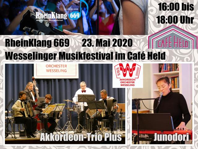 Collage zum Nachmittagskonzert in der neuen Lokation: Café Held. Mit dem Akkordeon-Trio Plus und Junodori, Gesang und Klavier.